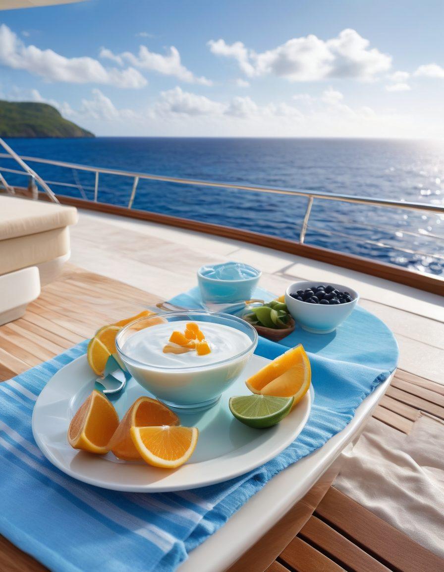 A luxurious yacht sailing on serene ocean waters, with a close-up of gourmet yogurt elegantly displayed on a glittering table beside it. The scene should include a sunny sky, deck chairs, and a hint of tropical islands in the background, portraying a lifestyle of relaxation and indulgence. The yacht should be modern with sleek lines and possibly colorful sails to symbolize adventure. warm colors with a focus on blue and white accents. super-realistic. vibrant colors.