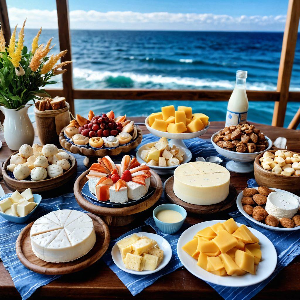 A beautifully styled nautical scene featuring a wooden table adorned with an array of dairy treats such as cheeses, butter, and creamy desserts, with the ocean waves gently lapping in the background. Nautical elements like ropes, a ship's wheel, and seashells are strategically placed around the table, hinting at a fresh seafood feast alongside the dairy delights. The colors should be bright and inviting, evoking the freshness of the sea and the richness of dairy. super-realistic. vibrant colors. soft sunlight.