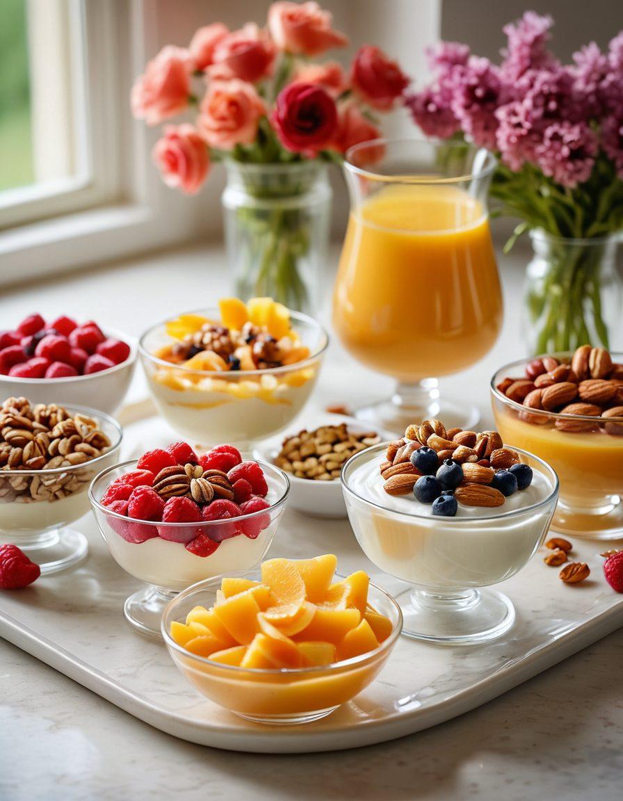 A beautifully arranged platter featuring a variety of gourmet yogurts in elegant glass bowls, garnished with fresh fruits, nuts, and honey drizzles. The setting is a sunlit kitchen with soft pastel colors, evoking a sense of warmth and indulgence. Include a hint of herbs for an artisanal touch. The background shows a cozy breakfast nook with soft lighting. super-realistic. vibrant colors. soft focus.